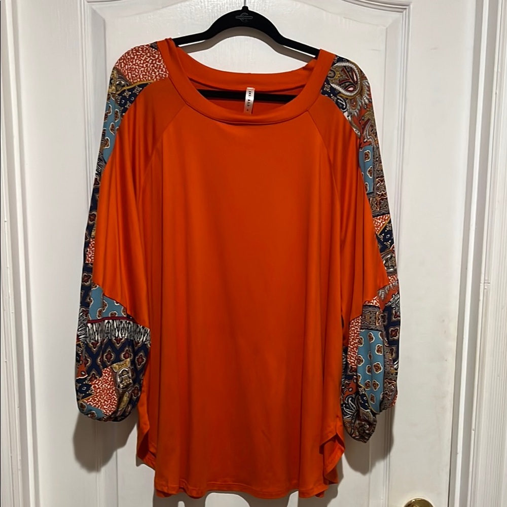 🌞3/$25 Emerald Orange Boxy 3/4 Sleeve Blouse